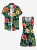 Plus Size Tropical Leaves Floral Print Hawaii Button Pocket Shirt For Men -  