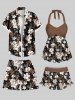 Short de plage hawaïen grande taille à imprimé floral et feuilles ombré avec cordon de serrage pour homme - Noir 8XL