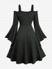 Plus Size Flare Sleeve Lace-up Lace Trim Two Tone Layered Vintage A Line Dress -  