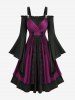 Plus Size Flare Sleeve Lace-up Lace Trim Two Tone Layered Vintage A Line Dress -  