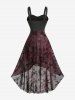 Robe débardeur gothique grande taille à lacets, motif fleur de prune, volants floqués, bordure en dentelle, taille haute et basse - Rouge foncé 5x | US 30-32