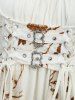 Plus Size Flowers Print Lace Ruched Buckle Lace-up Flare Sleeves High Low Dress -  
