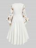 Plus Size Flowers Print Lace Ruched Buckle Lace-up Flare Sleeves High Low Dress -  