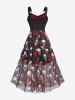 Plus Size Gothic Rose Flower Skulls Print Ruched Ruffles Chain Panel Lace Trim Tank Dress -  