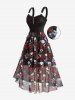 Plus Size Gothic Rose Flower Skulls Print Ruched Ruffles Chain Panel Lace Trim Tank Dress -  