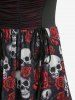 Plus Size Gothic Rose Flower Skulls Print Ruched Ruffles Chain Panel Lace Trim Tank Dress -  
