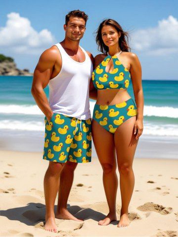 Ducks Print Women Swimsuit and Men Beach Shorts Matching Hawaii Beach Outfit For Couples - GREEN