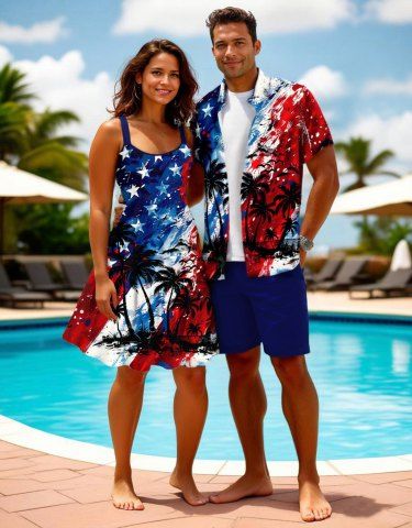 Patriotic American Flag Coconut Tree Paint Splatter Print Plus Size Matching Hawaii Beach Outfit For Couples - BLUE