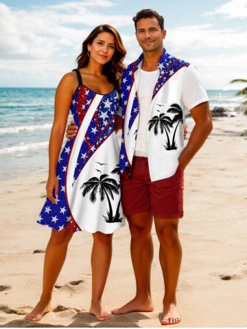 Patriotic American Flag Coconut Tree Print Plus Size Matching Hawaii Beach Outfit For Couples - BLUE