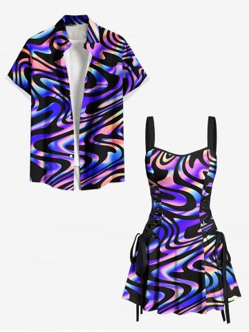 Colorful Ocean Currents Print Plus Size Matching Hawaii Beach Outfit For Couples - PURPLE