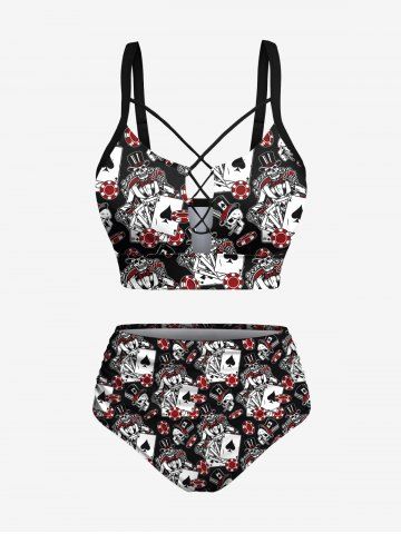Plus Size Poker Skull Print Lace Up Panel Hawaii Tankini Swimsuit - BLACK - XS
