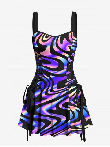 Colorful Ocean Currents Print Lace Up Hawaii Tank Dress - PURPLE - M