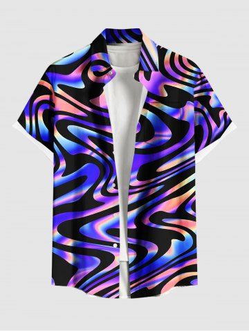 Plus Size Colorful Ocean Currents Print Buttons Pocket Hawaii Shirt For Men - PURPLE - L