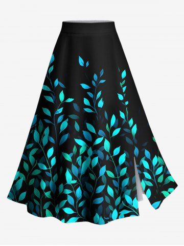 Plus Size Vine Leaf Print Split Hawaii Skirt - BLACK - S