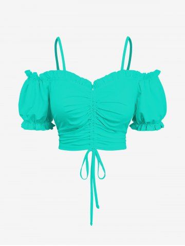 Plus Size Cinched Ruched Ruffles Cold Shoulder Cami Top - GREEN - S