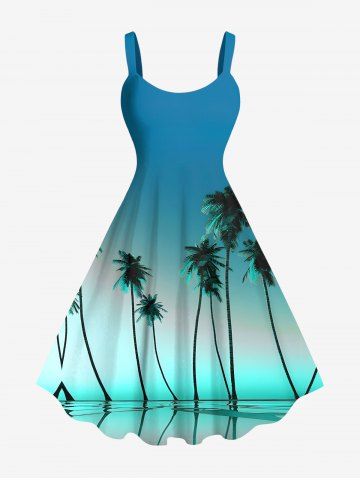 Plus Size Coconut Tree Ombre Print Hawaii Tank Dress - GREEN - XXS