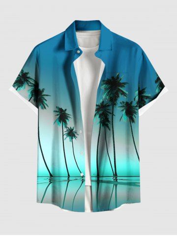 Plus Size Coconut Tree Ombre Print Buttons Pocket Hawaii Shirt For Men - GREEN - L