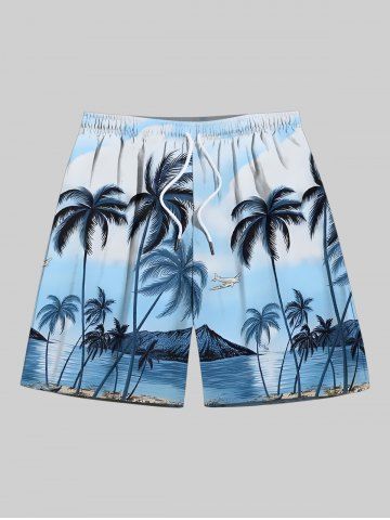 Plus Size Coconut Tree Sea Plane Print Hawaii Drawstring Beach Shorts For Men - BLUE - 8XL