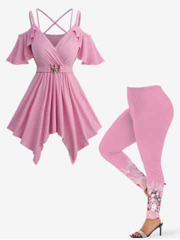 Ribbed Solid Crisscross Surplice Belted Top and Snowman Glitter Sparkling Paint Drop Print Leggings Plus Size Outfit - LIGHT PINK