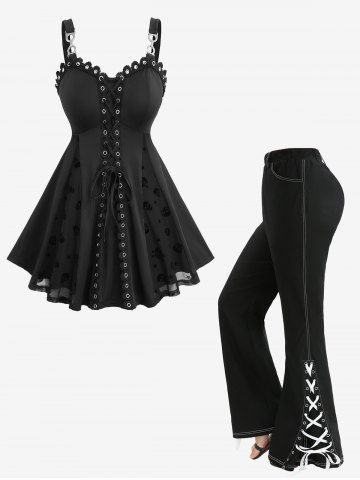 Floral Mesh Jacquard Embroidery Patchwork Top and Split Lace Up Topstitching Flare Pants Plus Size Outfit - BLACK
