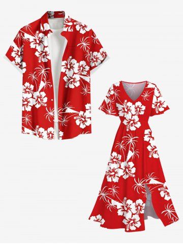 Coconut Tree Hibiscus Floral Two Tone Print Plus Size Matching Hawaii Beach Outfit For Couples - RED