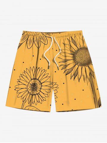Plus Size Sunflowers Dots Print Hawaii Beach Shorts For Men - YELLOW - 6XL