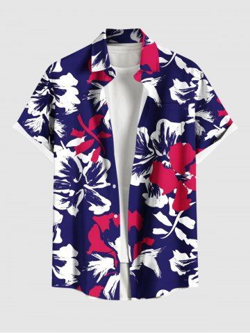 Plus Size Tropical Leaf Hibiscus Flowers Print Buttons Pocket Hawaii Shirt For Men - PURPLE - L