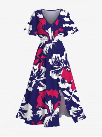 Plus Size Tropical Leaf Hibiscus Flowers Print Split Hawaii Midi Dress - PURPLE - XXS