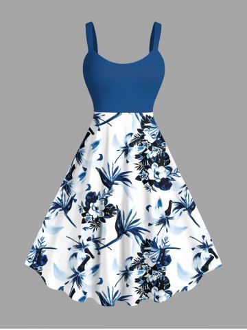 Plus Size Flowers Birds Print Hawaii Tank Dress - BLUE - XXS