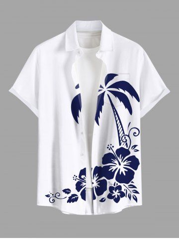 Plus Size Coconut Tree Hibiscus Floral Two Tone Print Hawaii Button Pocket Shirt For Men - WHITE - 6XL