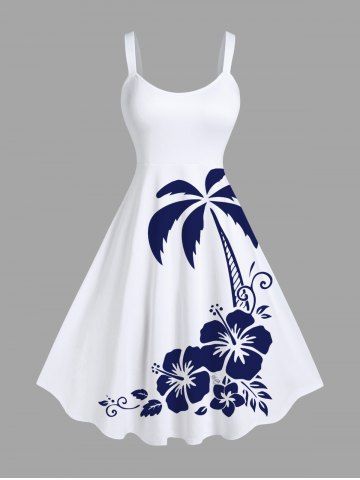 Plus Size Coconut Tree Hibiscus Flower Two Tone Print Hawaii A Line Tank Dress - WHITE - XS