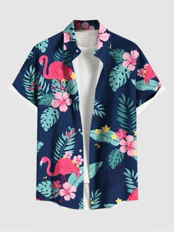 Plus Size Tropical Leaves Hibiscus Floral Flamingo Print Hawaii Button Pocket Shirt For Men - BLACK - 4XL