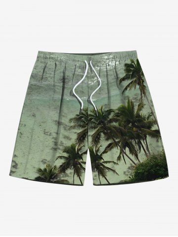 Plus Size Coconut Tree Sea Waves Print Hawaii Drawstring Beach Shorts For Men - GREEN - 8XL