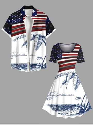 Patriotic American Flag Tropical Leaf Coconut Tree Print Plus Size Matching Hawaii Beach Outfit For Couples