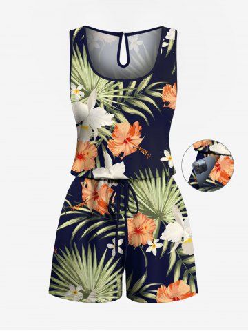 Plus Size Tropical Leaf Hibiscus Flower Print Hawaii Pocket Drawstring Romper - BLACK - M