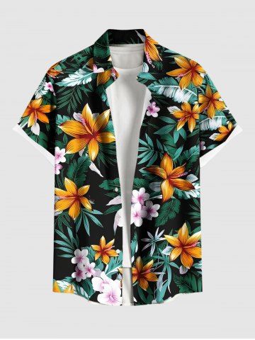 Plus Size Tropical Leaves Floral Branch Print Hawaii Button Pocket Shirt For Men - BLACK - M