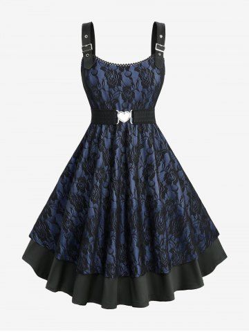 Plus Size Rose Flower Lace Panel Layered A Line Dress with Removable Belt - DEEP BLUE - M | US 10