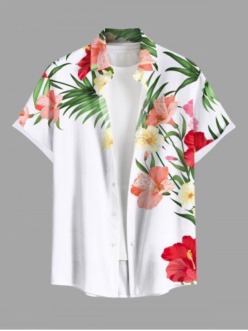 Plus Size Tropical Leaf Hibiscus Flowers Print Buttons Pocket Hawaii Shirt For Men - WHITE - 4XL