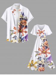 Colorful Flower Leave Branch Print Plus Size Matching Hawaii Beach Outfit For Couples -  