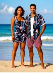 Matching Hawaii Shirt and Romper Plus Size Beach Outfit Tropical Leaf Hibiscus Printed for Couples -  