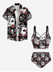 Tenue de plage hawaïenne assortie grande taille avec jetons de casino et imprimé tête de mort pour couples - Noir 