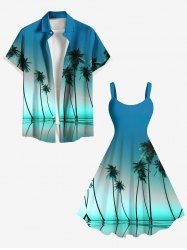 Tenue de plage hawaïenne assortie grande taille à imprimé ombré cocotier pour couples - Vert 