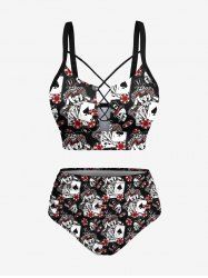 Plus Size Poker Skull Print Lace Up Panel Hawaii Tankini Swimsuit -  