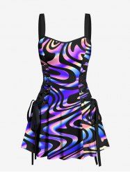 Colorful Ocean Currents Print Lace Up Hawaii Tank Dress -  
