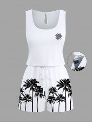Plus Size Coconut Tree Sun Print Cinched Hawaii Romper -  