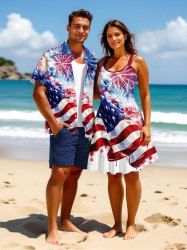 Fireworks Painting Splatter American Flag Print Plus Size Matching Set For Couples -  