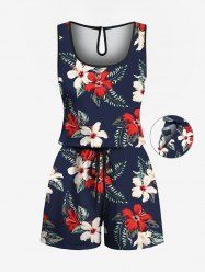 Combinaison hawaïenne cintrée grande taille à imprimé feuilles tropicales et fleurs d'hibiscus - Bleu profond 2X