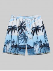 Plus Size Coconut Tree Sea Plane Print Hawaii Drawstring Beach Shorts For Men -  