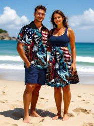Skull Anchor Rudder Ghost Patriotic American Flag Cruise Print Plus Size Matching Outfit For Couples -  