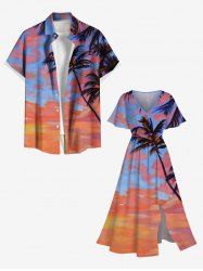Tenue de plage hawaïenne assortie grande taille à imprimé cocotiers, nuages et crépuscule pour couples - Orange 